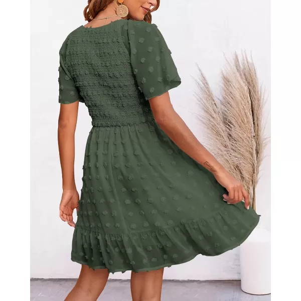 imageBTFBM Womens V Neck Smocked Short Sleeve Casual Dress Swiss Dot Swing Flowy Ruffle Hem Mini Beach Summer Dresses 2023Swiss Dot Army Green