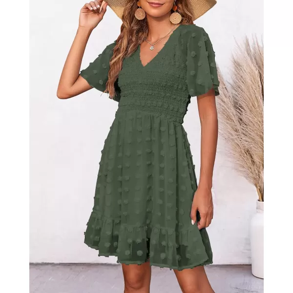 imageBTFBM Womens V Neck Smocked Short Sleeve Casual Dress Swiss Dot Swing Flowy Ruffle Hem Mini Beach Summer Dresses 2023Swiss Dot Army Green