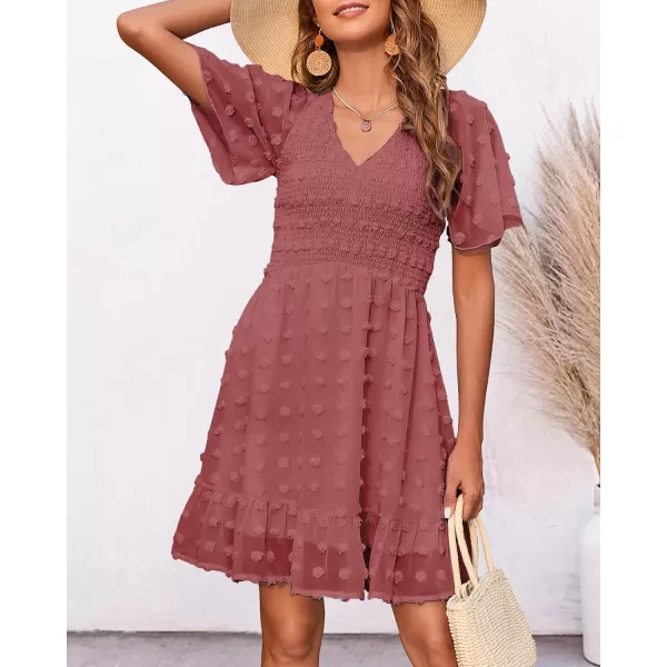 imageBTFBM Womens V Neck Smocked Short Sleeve Casual Dress Swiss Dot Swing Flowy Ruffle Hem Mini Beach Summer Dresses 2023Swiss Dot Bean Paste Red