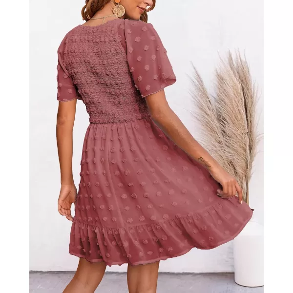 imageBTFBM Womens V Neck Smocked Short Sleeve Casual Dress Swiss Dot Swing Flowy Ruffle Hem Mini Beach Summer Dresses 2023Swiss Dot Bean Paste Red