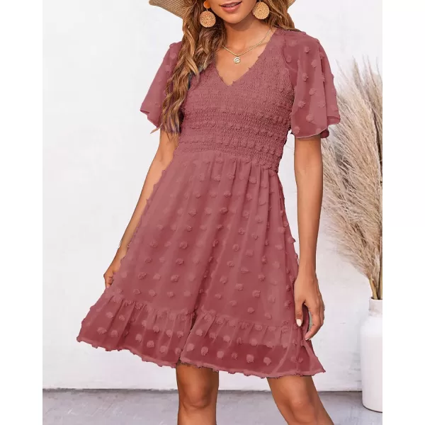 imageBTFBM Womens V Neck Smocked Short Sleeve Casual Dress Swiss Dot Swing Flowy Ruffle Hem Mini Beach Summer Dresses 2023Swiss Dot Bean Paste Red
