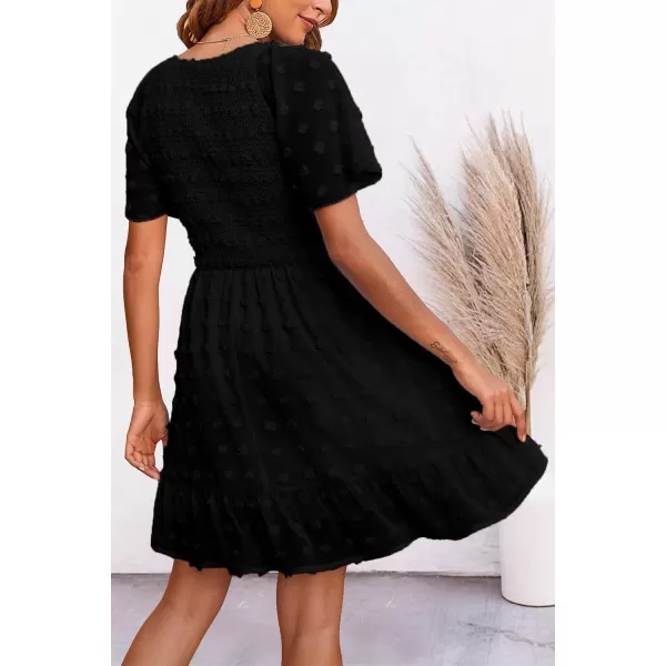 imageBTFBM Womens V Neck Smocked Short Sleeve Casual Dress Swiss Dot Swing Flowy Ruffle Hem Mini Beach Summer Dresses 2023Swiss Dot Black