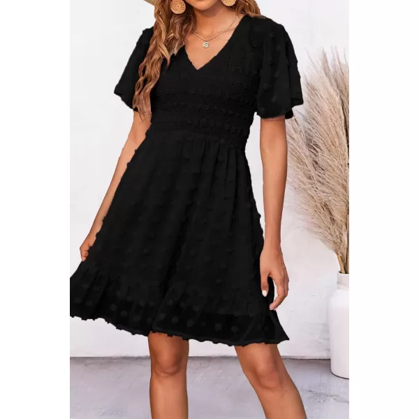 imageBTFBM Womens V Neck Smocked Short Sleeve Casual Dress Swiss Dot Swing Flowy Ruffle Hem Mini Beach Summer Dresses 2023Swiss Dot Black