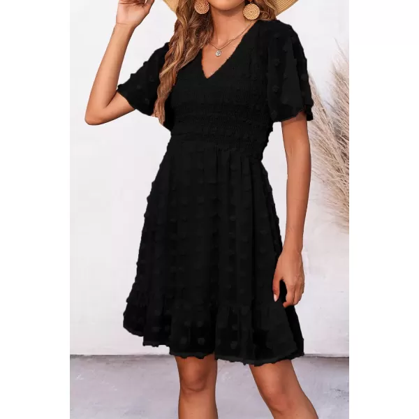 imageBTFBM Womens V Neck Smocked Short Sleeve Casual Dress Swiss Dot Swing Flowy Ruffle Hem Mini Beach Summer Dresses 2023Swiss Dot Black