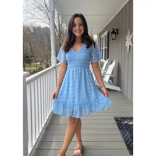 imageBTFBM Womens V Neck Smocked Short Sleeve Casual Dress Swiss Dot Swing Flowy Ruffle Hem Mini Beach Summer Dresses 2023Swiss Dot Blue