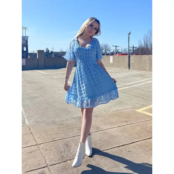 imageBTFBM Womens V Neck Smocked Short Sleeve Casual Dress Swiss Dot Swing Flowy Ruffle Hem Mini Beach Summer Dresses 2023Swiss Dot Blue