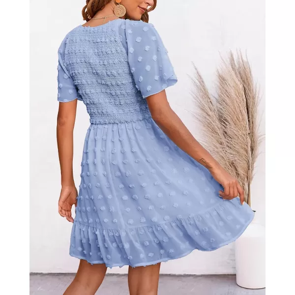 imageBTFBM Womens V Neck Smocked Short Sleeve Casual Dress Swiss Dot Swing Flowy Ruffle Hem Mini Beach Summer Dresses 2023Swiss Dot Blue