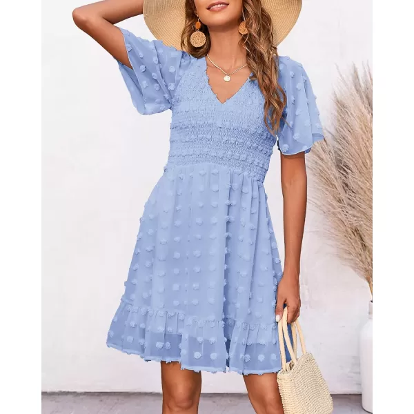 imageBTFBM Womens V Neck Smocked Short Sleeve Casual Dress Swiss Dot Swing Flowy Ruffle Hem Mini Beach Summer Dresses 2023Swiss Dot Blue