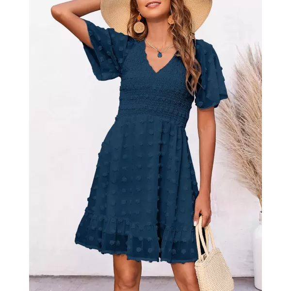 imageBTFBM Womens V Neck Smocked Short Sleeve Casual Dress Swiss Dot Swing Flowy Ruffle Hem Mini Beach Summer Dresses 2023Swiss Dot Dark Blue