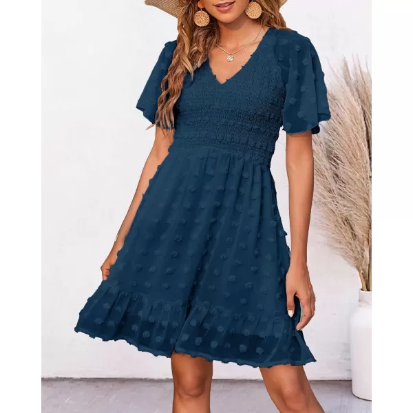 imageBTFBM Womens V Neck Smocked Short Sleeve Casual Dress Swiss Dot Swing Flowy Ruffle Hem Mini Beach Summer Dresses 2023Swiss Dot Dark Blue
