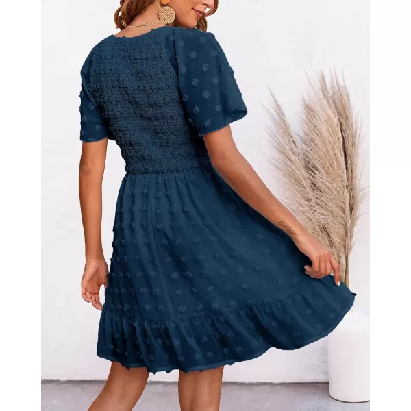 imageBTFBM Womens V Neck Smocked Short Sleeve Casual Dress Swiss Dot Swing Flowy Ruffle Hem Mini Beach Summer Dresses 2023Swiss Dot Dark Blue