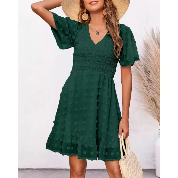 imageBTFBM Womens V Neck Smocked Short Sleeve Casual Dress Swiss Dot Swing Flowy Ruffle Hem Mini Beach Summer Dresses 2023Swiss Dot Dark Green