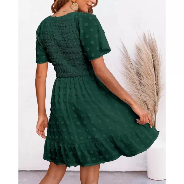 imageBTFBM Womens V Neck Smocked Short Sleeve Casual Dress Swiss Dot Swing Flowy Ruffle Hem Mini Beach Summer Dresses 2023Swiss Dot Dark Green