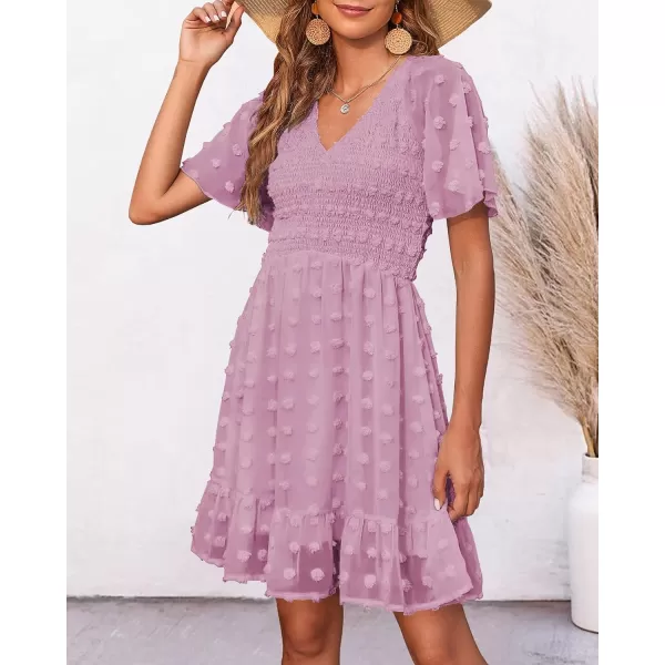 imageBTFBM Womens V Neck Smocked Short Sleeve Casual Dress Swiss Dot Swing Flowy Ruffle Hem Mini Beach Summer Dresses 2023Swiss Dot Dusty Pink