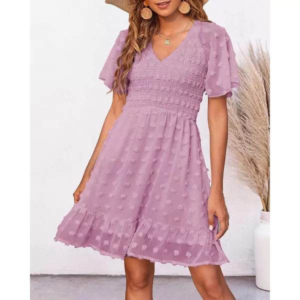 imageBTFBM Womens V Neck Smocked Short Sleeve Casual Dress Swiss Dot Swing Flowy Ruffle Hem Mini Beach Summer Dresses 2023Swiss Dot Dusty Pink