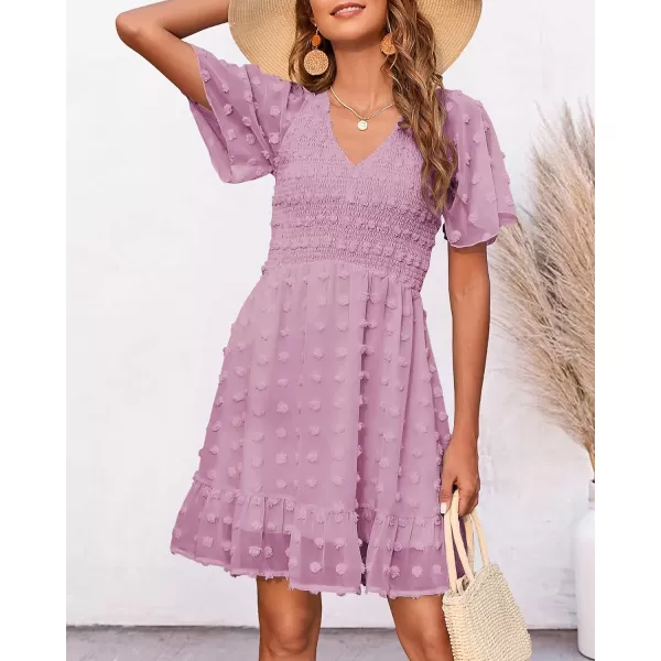 imageBTFBM Womens V Neck Smocked Short Sleeve Casual Dress Swiss Dot Swing Flowy Ruffle Hem Mini Beach Summer Dresses 2023Swiss Dot Dusty Pink
