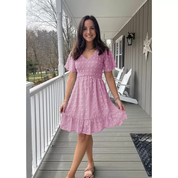imageBTFBM Womens V Neck Smocked Short Sleeve Casual Dress Swiss Dot Swing Flowy Ruffle Hem Mini Beach Summer Dresses 2023Swiss Dot Dusty Pink