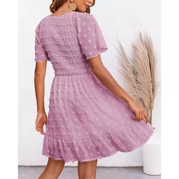 imageBTFBM Womens V Neck Smocked Short Sleeve Casual Dress Swiss Dot Swing Flowy Ruffle Hem Mini Beach Summer Dresses 2023Swiss Dot Dusty Pink