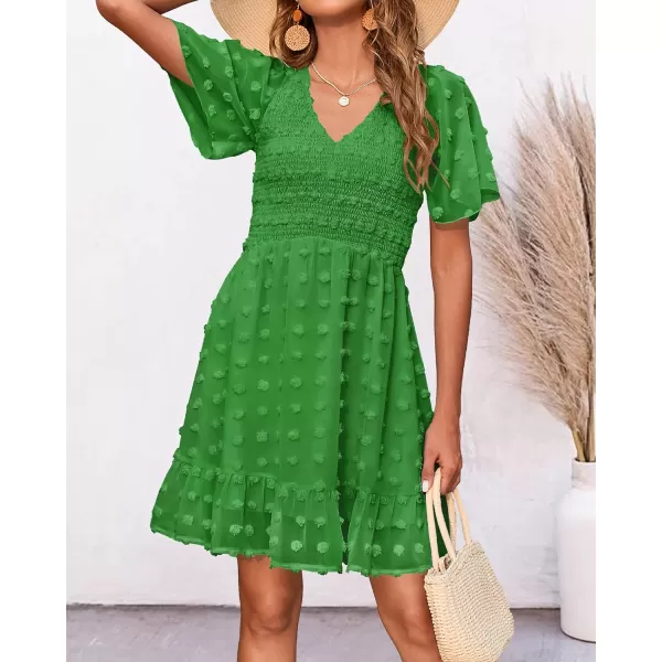 imageBTFBM Womens V Neck Smocked Short Sleeve Casual Dress Swiss Dot Swing Flowy Ruffle Hem Mini Beach Summer Dresses 2023Swiss Dot Green