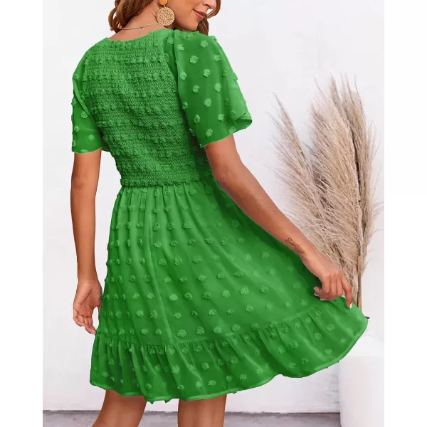 imageBTFBM Womens V Neck Smocked Short Sleeve Casual Dress Swiss Dot Swing Flowy Ruffle Hem Mini Beach Summer Dresses 2023Swiss Dot Green