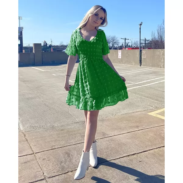 imageBTFBM Womens V Neck Smocked Short Sleeve Casual Dress Swiss Dot Swing Flowy Ruffle Hem Mini Beach Summer Dresses 2023Swiss Dot Green