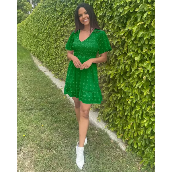 imageBTFBM Womens V Neck Smocked Short Sleeve Casual Dress Swiss Dot Swing Flowy Ruffle Hem Mini Beach Summer Dresses 2023Swiss Dot Green