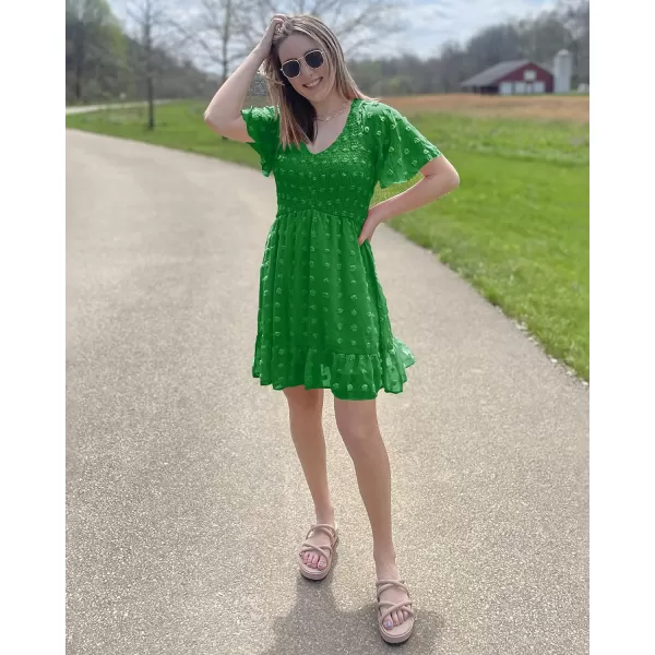 imageBTFBM Womens V Neck Smocked Short Sleeve Casual Dress Swiss Dot Swing Flowy Ruffle Hem Mini Beach Summer Dresses 2023Swiss Dot Green