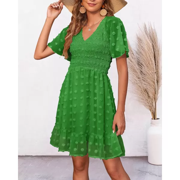 imageBTFBM Womens V Neck Smocked Short Sleeve Casual Dress Swiss Dot Swing Flowy Ruffle Hem Mini Beach Summer Dresses 2023Swiss Dot Green