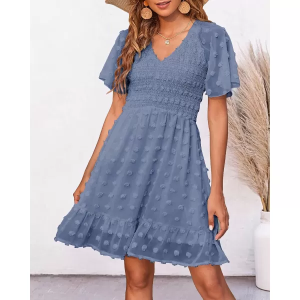 imageBTFBM Womens V Neck Smocked Short Sleeve Casual Dress Swiss Dot Swing Flowy Ruffle Hem Mini Beach Summer Dresses 2023Swiss Dot Grey Blue