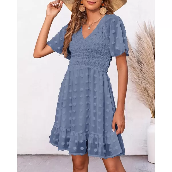 imageBTFBM Womens V Neck Smocked Short Sleeve Casual Dress Swiss Dot Swing Flowy Ruffle Hem Mini Beach Summer Dresses 2023Swiss Dot Grey Blue