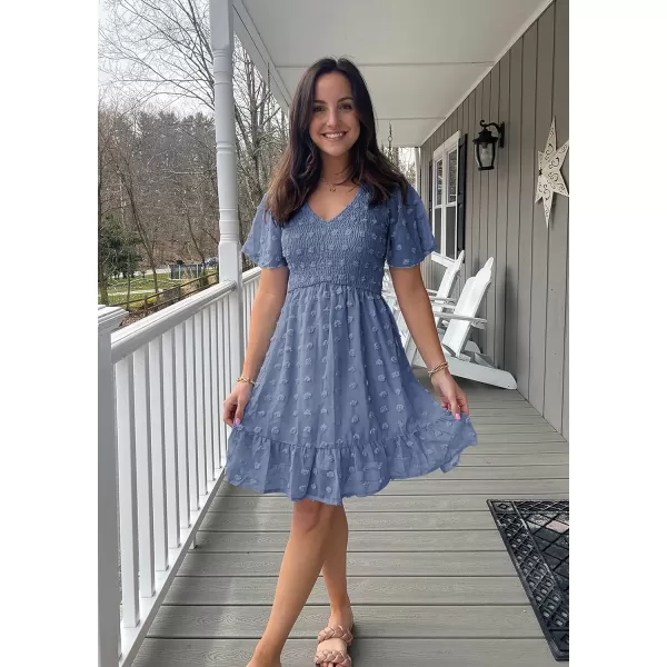imageBTFBM Womens V Neck Smocked Short Sleeve Casual Dress Swiss Dot Swing Flowy Ruffle Hem Mini Beach Summer Dresses 2023Swiss Dot Grey Blue