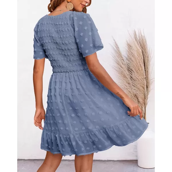 imageBTFBM Womens V Neck Smocked Short Sleeve Casual Dress Swiss Dot Swing Flowy Ruffle Hem Mini Beach Summer Dresses 2023Swiss Dot Grey Blue