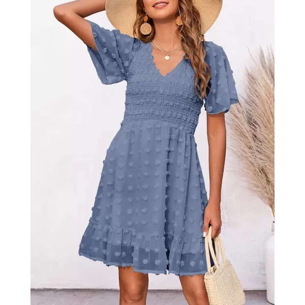 imageBTFBM Womens V Neck Smocked Short Sleeve Casual Dress Swiss Dot Swing Flowy Ruffle Hem Mini Beach Summer Dresses 2023Swiss Dot Grey Blue