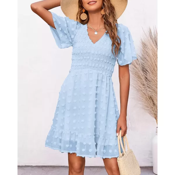 imageBTFBM Womens V Neck Smocked Short Sleeve Casual Dress Swiss Dot Swing Flowy Ruffle Hem Mini Beach Summer Dresses 2023Swiss Dot Light Blue