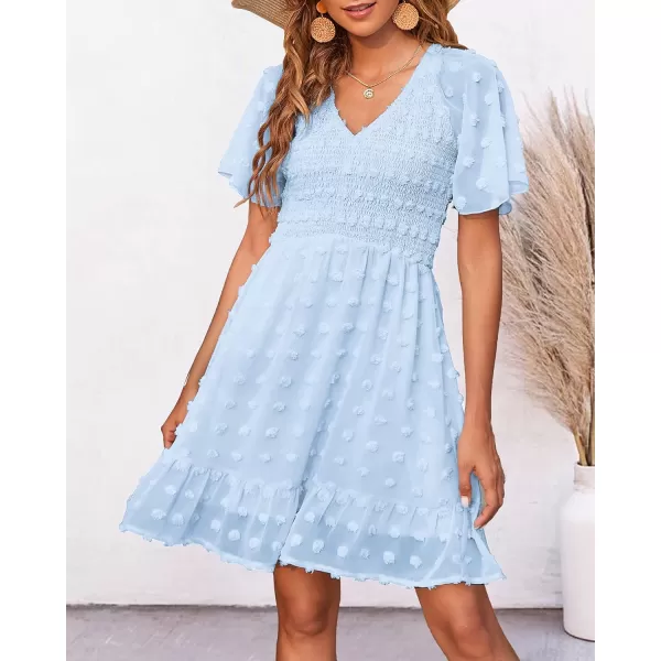 imageBTFBM Womens V Neck Smocked Short Sleeve Casual Dress Swiss Dot Swing Flowy Ruffle Hem Mini Beach Summer Dresses 2023Swiss Dot Light Blue