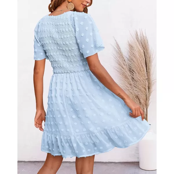 imageBTFBM Womens V Neck Smocked Short Sleeve Casual Dress Swiss Dot Swing Flowy Ruffle Hem Mini Beach Summer Dresses 2023Swiss Dot Light Blue