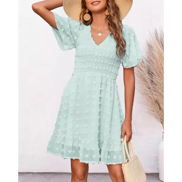 imageBTFBM Womens V Neck Smocked Short Sleeve Casual Dress Swiss Dot Swing Flowy Ruffle Hem Mini Beach Summer Dresses 2023Swiss Dot Light Green