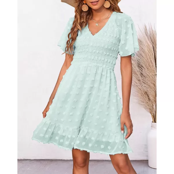 imageBTFBM Womens V Neck Smocked Short Sleeve Casual Dress Swiss Dot Swing Flowy Ruffle Hem Mini Beach Summer Dresses 2023Swiss Dot Light Green