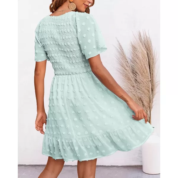 imageBTFBM Womens V Neck Smocked Short Sleeve Casual Dress Swiss Dot Swing Flowy Ruffle Hem Mini Beach Summer Dresses 2023Swiss Dot Light Green