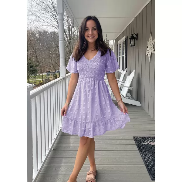 imageBTFBM Womens V Neck Smocked Short Sleeve Casual Dress Swiss Dot Swing Flowy Ruffle Hem Mini Beach Summer Dresses 2023Swiss Dot Light Purple