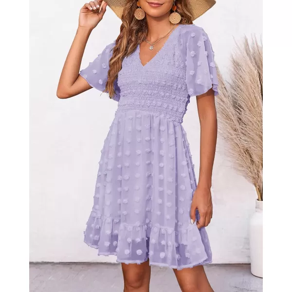 imageBTFBM Womens V Neck Smocked Short Sleeve Casual Dress Swiss Dot Swing Flowy Ruffle Hem Mini Beach Summer Dresses 2023Swiss Dot Light Purple