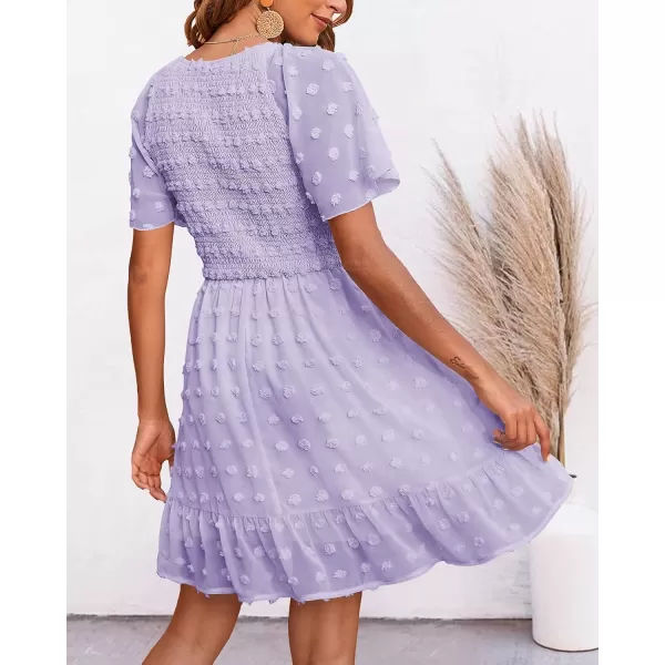 imageBTFBM Womens V Neck Smocked Short Sleeve Casual Dress Swiss Dot Swing Flowy Ruffle Hem Mini Beach Summer Dresses 2023Swiss Dot Light Purple