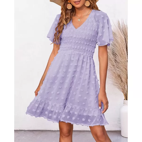 imageBTFBM Womens V Neck Smocked Short Sleeve Casual Dress Swiss Dot Swing Flowy Ruffle Hem Mini Beach Summer Dresses 2023Swiss Dot Light Purple