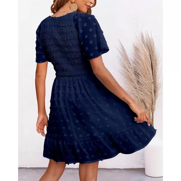 imageBTFBM Womens V Neck Smocked Short Sleeve Casual Dress Swiss Dot Swing Flowy Ruffle Hem Mini Beach Summer Dresses 2023Swiss Dot Navy