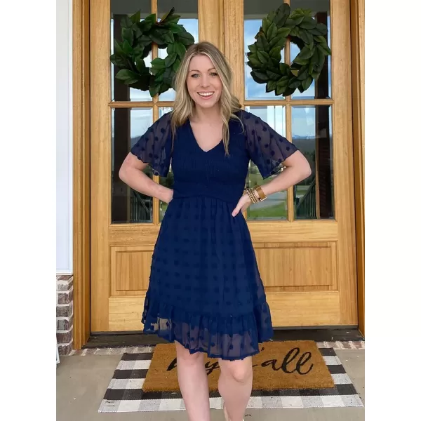 imageBTFBM Womens V Neck Smocked Short Sleeve Casual Dress Swiss Dot Swing Flowy Ruffle Hem Mini Beach Summer Dresses 2023Swiss Dot Navy