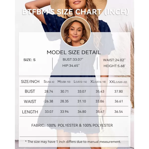 imageBTFBM Womens V Neck Smocked Short Sleeve Casual Dress Swiss Dot Swing Flowy Ruffle Hem Mini Beach Summer Dresses 2023Swiss Dot Navy