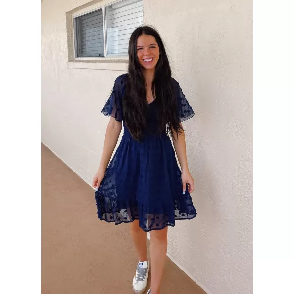 imageBTFBM Womens V Neck Smocked Short Sleeve Casual Dress Swiss Dot Swing Flowy Ruffle Hem Mini Beach Summer Dresses 2023Swiss Dot Navy