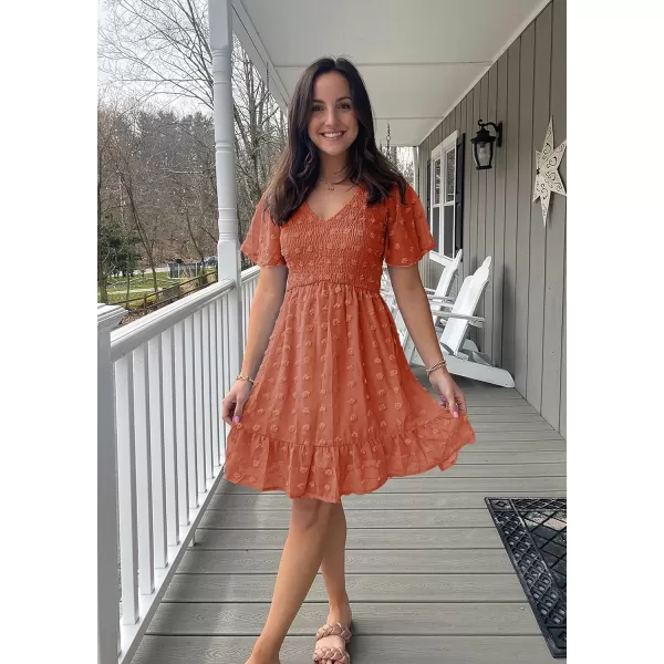 imageBTFBM Womens V Neck Smocked Short Sleeve Casual Dress Swiss Dot Swing Flowy Ruffle Hem Mini Beach Summer Dresses 2023Swiss Dot Orange