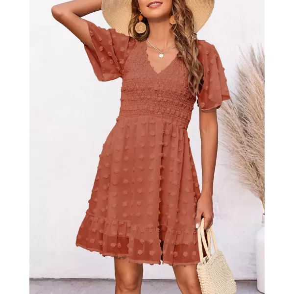 imageBTFBM Womens V Neck Smocked Short Sleeve Casual Dress Swiss Dot Swing Flowy Ruffle Hem Mini Beach Summer Dresses 2023Swiss Dot Orange