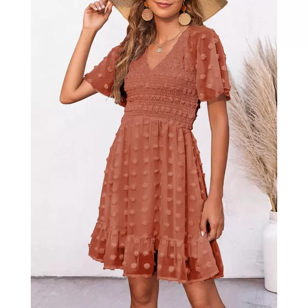 imageBTFBM Womens V Neck Smocked Short Sleeve Casual Dress Swiss Dot Swing Flowy Ruffle Hem Mini Beach Summer Dresses 2023Swiss Dot Orange